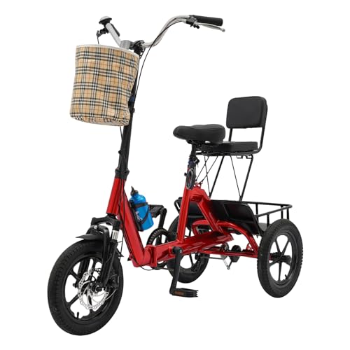 CHIMHOON 14 Zoll Dreirad für Erwachsene, Cruising Premium Cargo Dreirad, faltbares Fahrrad für Erwachsene mit Einkaufskorb und Rückenlehne für Erwachsene und Jugendliche 155-180CM, MAX 180KG (Rot) von CHIMHOON