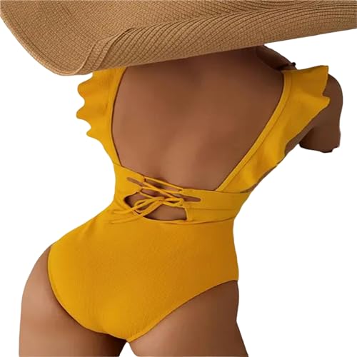 CHJING Badeanzug Damen EIN Stück Badeanzug Frauen Rüschen Badebekleidung Weiblicher Sommer Strandkleidung-Gelb-L von CHJING