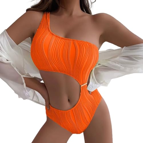 CHJING Badeanzug Damen Solide Einteilige Bikini Frauen Einzelne Schulter Hollow Out Badeanzug Mädchen Beachwear Hohe Taille Badeanzug-orange-XL von CHJING