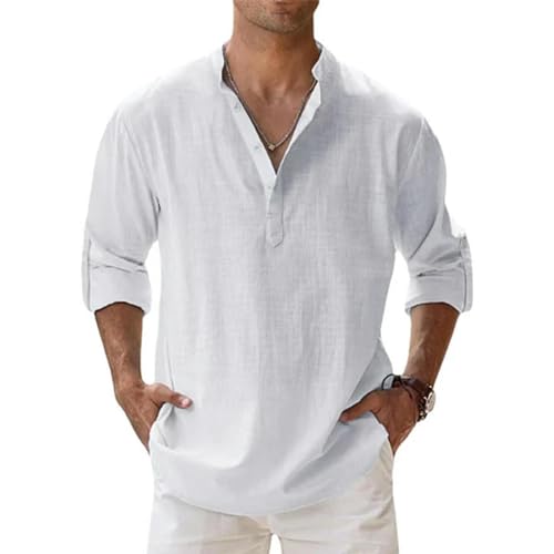 CHQS T Shirt Herren Herren Baumwoll -t -Shirts Leinen Lässige Langarm -Hemd -Hemd -Hemd -Hemdkragen Tops-weiß-Asian 5XL (90-105 Kg) von CHQS
