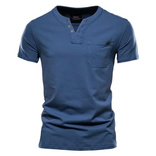 CHQS T Shirt Herren Sommer-Herren-Baumwoll-t-Shirt-Taschen-Design V-Ausschnitt-knopf Top Herren-Freizeit-t-Shirt-bu-s von CHQS