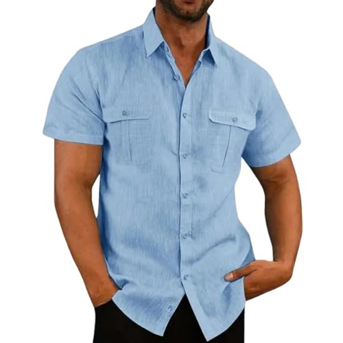 CHQS T Shirt Herren Sommer -Herren -Kurzarmhemd Hemd Leinen T -Shirt Strickjacken Lässig Losen Mann Hemd-blau-XXL von CHQS