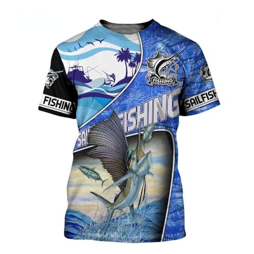 CHSLO Herren 3D Druck T-Shirt Sommer Fisch Angeln Schwertfisch Unisex 3D Bedrucktes T-Shirt Rundhals Herren Kurzarm Fun Fitness Lose Elastisch Atmungsaktiv Halbarm Sport Top Übergröße von CHSLO