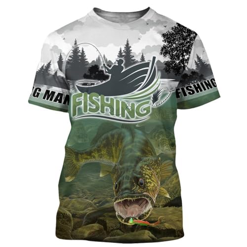 CHSLO Herren 3D Druck T-Shirt Sommer Fisch Angeln Unisex 3D Bedrucktes T-Shirt Rundhals Herren Kurzarm Locker Atmungsaktiv Elastisch Halbärmelig Sport Top Übergröße von CHSLO