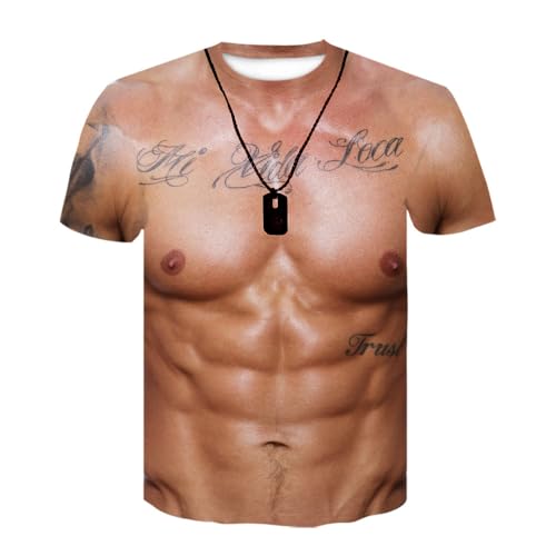 CHSLO Herren 3D Druck T-Shirt Sommer Parodie Muskel Brust Unisex 3D-Gedrucktes T-Shirt Rundhals Herren Kurzarm Fitness Lose Elastisch Atmungsaktiv Halbarm Sport Top Übergröße von CHSLO