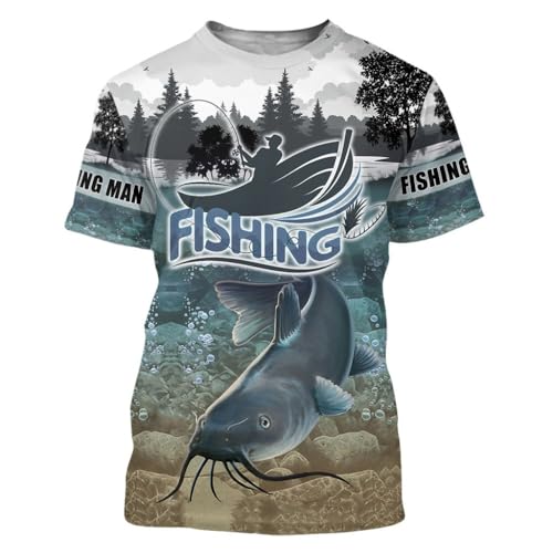 CHSLO Herren 3D Druck T-Shirt Sommer Wels Angeln Unisex 3D-Gedrucktes T-Shirt Rundhals Herren Kurzarm Fun Fitness Lose Elastisch Atmungsaktiv Halbarm Sport Top Übergröße von CHSLO