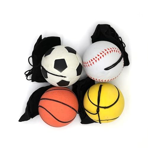 CHUANGOU Springball Returnball Flummi Armband & Schnur, Safety Clip, Fußball Tennisball Basketball Baseball Ø4,7cm 4er Set von CHUANGOU