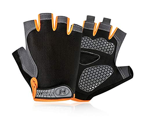 Fahrradhandschuhe Fitness Handschuhe Trainingshandschuhe Damen Herren Halbfinger Sporthandschuhe Handflächenschutz Silikon-Grip für Motorrad,Mountainbike,Kraftsport Radsport, Reiten, Wandern,ORANGE von CHUGE