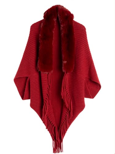 CHYASPNG Fur Collar Tassel Cloak Shawl Sweater, Ladies Knitted Loose Thickened Shawl, Loose Tassel Knitted Shawl Coat, Cardigans for Women Spring and Autumn (Red) von CHYASPNG