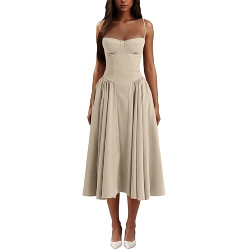 CHYASPNG Spaghetti Strap Low Cut Bustier Off The Shoulder Dress, Corset Dress for Women Strap Bustier Midi Dresses, Flowy Pleated Hem Beach Flowy Dress (Khaki,S) von CHYASPNG