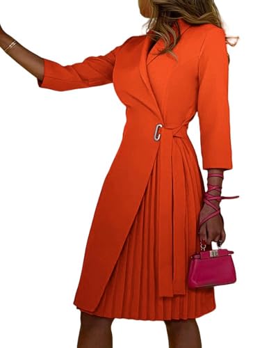 CHYDDU Blazer Kleid Frauen Mit V-Ausschnitt Von Frauen Modische Taille Plissierte Nähte Mit Mittlerer Hülse-Pendlerkleid Mittelgroß-Orange-2Xl von CHYDDU