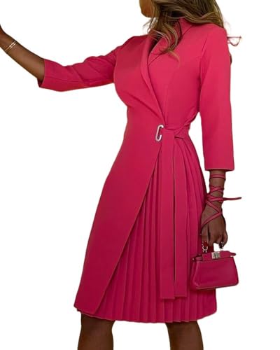 CHYDDU Blazer Kleid Frauen Mit V-Ausschnitt Von Frauen Modische Taille Plissierte Nähte Mit Mittlerer Hülse-Pendlerkleid Mittelgroß-Rosenrot-2Xl von CHYDDU