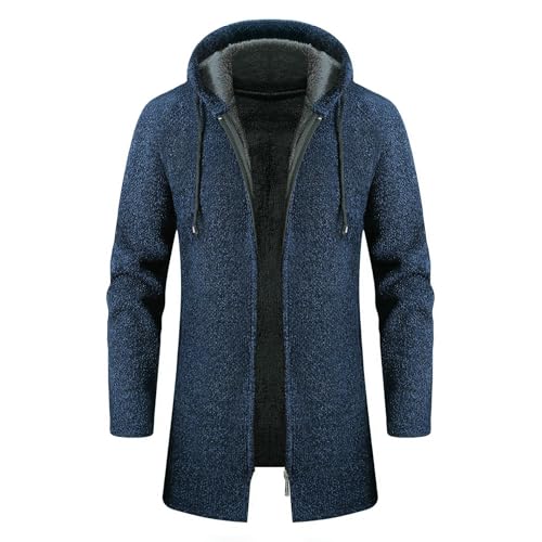 CHYDDU Cardigan Herren Langarm In Mittlerer Länge Reißverschluss Kapuze Plüsch Verdickte Strickjacke Slim Fit Pullover-Dunkelblau-XL von CHYDDU