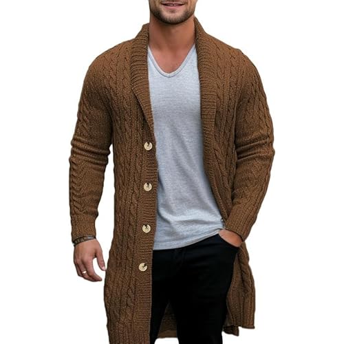 CHYDDU Cardigan Männer Mit Mittlerer Länge Schlanker Fit Gestricker Pullover Dicke Nadel Verdrehte Strickjacke Wolle Warmer Mantel-Braun-3Xl von CHYDDU