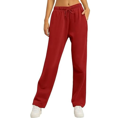 CHYDDU Damenhose Fleece Ausgekleidete Feste Farbe Sport Extra Dicker, Lässiger Schnürschnüre-Up Elastischer Verstellbarer Jogginghosen-Rot-S von CHYDDU