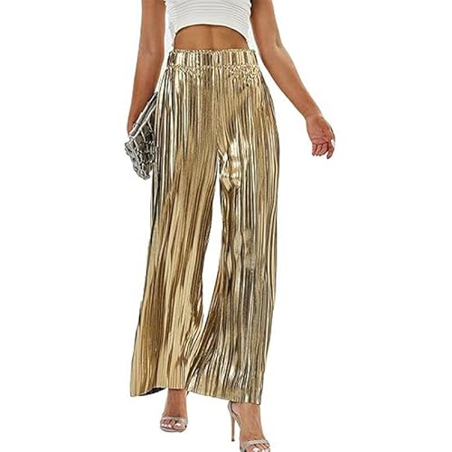 CHYDDU Damenhose Party Frauen Pleite Breite Beinhosen Abend Mode Hohe Taille Freizeit Frauen Kleidung-Gold-XXL von CHYDDU