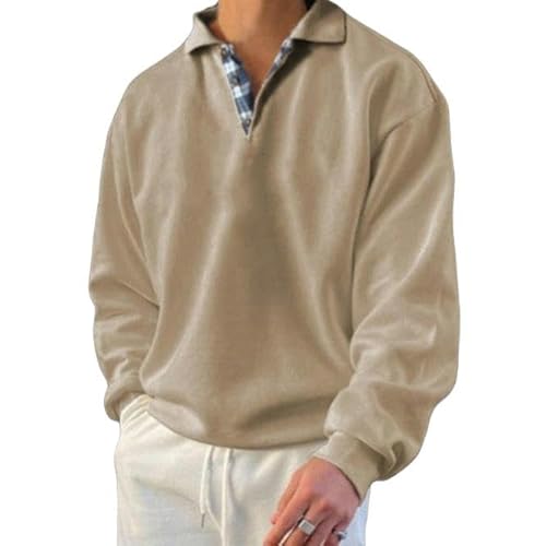 CHYDDU Sweatshirt Herbst Long Sleeve V Neck Herren Revers Loser Sweatshirt -Knopf Feste Farben Basis -Tops-Khaki-XXL von CHYDDU