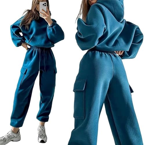 CHYDDU Sweatshirt Set Frauen Modesportler Lässiger Pullover Anzug Taschenhose Kapuze Pullover Zweiteiler Set-Blau-L von CHYDDU