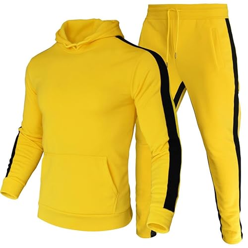 CHYDDU Sweatshirt Set Gestreiftes Sweatshirt-Anzug Sport Nähte Zweiteiliger Anzug Herrenfitnesskontrast Farbe Hoodie-Gelb-S von CHYDDU