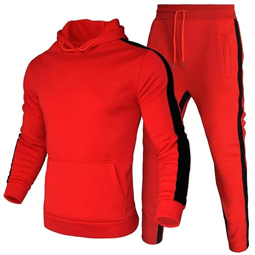 CHYDDU Sweatshirt Set Gestreiftes Sweatshirt-Anzug Sport Nähte Zweiteiliger Anzug Herrenfitnesskontrast Farbe Hoodie-Rot-XL von CHYDDU