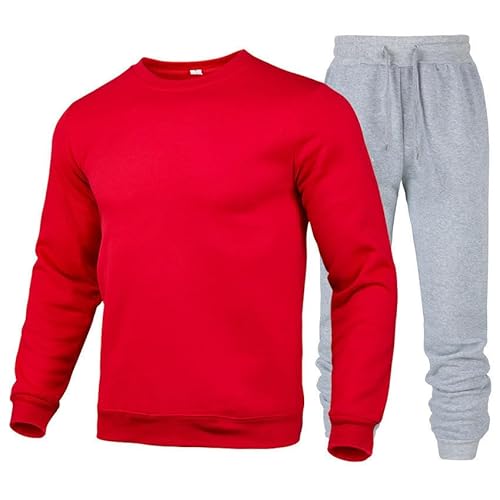 CHYDDU Sweatshirt Set Warm Herren Sports Plus Samt Verdickte Sportanzug Rund Hals Strumpfhose Zweiteiliger Anzug-Rot+Hellgrau-M von CHYDDU