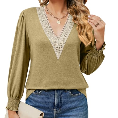 CHYDDU Unterziehshirt Feste Farbe V-Ausschnitt Gold Spitze-Khaki-M von CHYDDU