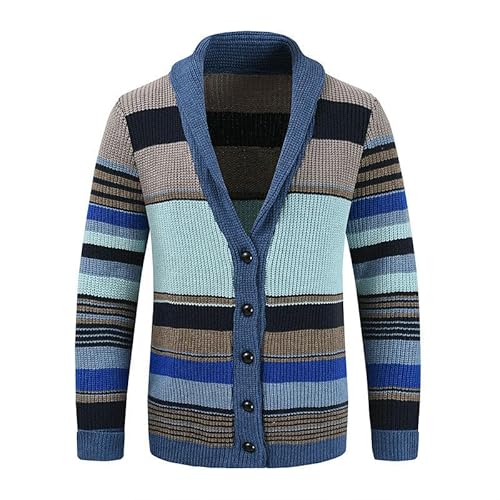 Cardigan Herren Casual Pullover Jacke Herbst Und Winter Revers Striped Colorblock Strick -Strickjacke-Blau-XL von CHYDDU