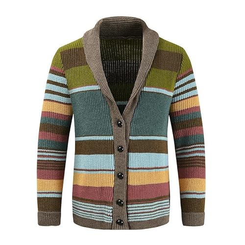 Cardigan Herren Casual Pullover Jacke Herbst Und Winter Revers Striped Colorblock Strick -Strickjacke-Grün-M von CHYDDU