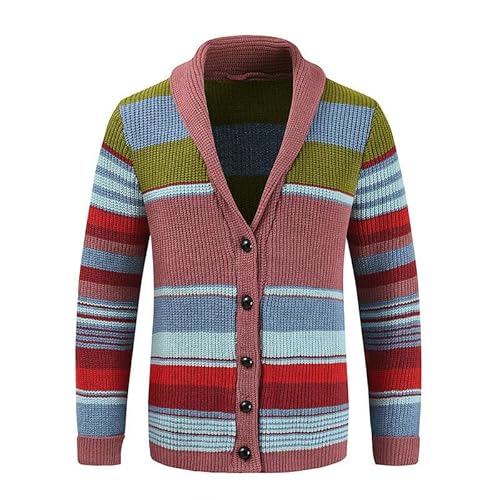 Cardigan Herren Casual Pullover Jacke Herbst Und Winter Revers Striped Colorblock Strick -Strickjacke-Rosa-L von CHYDDU