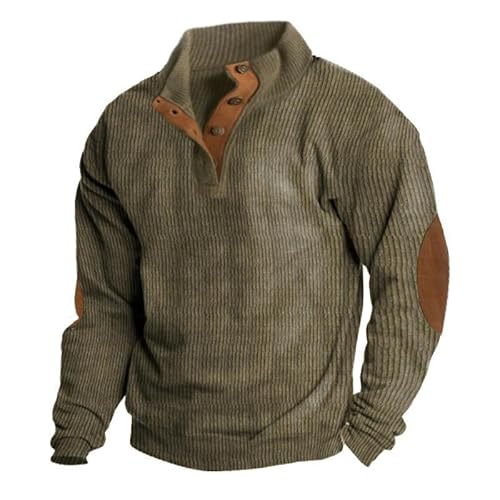 Sweatshirt Herren -Outdoor -Jacke Cord Casual Ständer Kragenknopf Langarm Pullover-Khaki-5Xl von CHYDDU