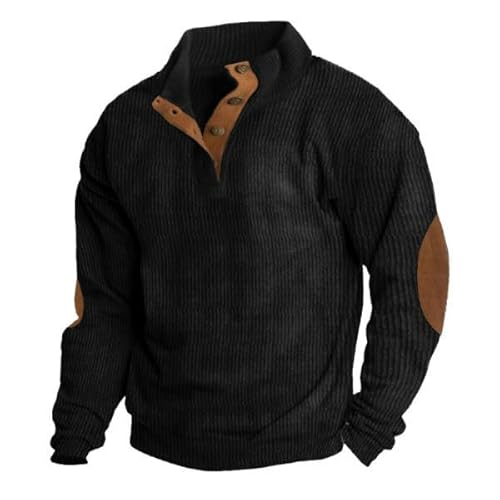 Sweatshirt Herren -Outdoor -Jacke Cord Casual Ständer Kragenknopf Langarm Pullover-Schwarz-M von CHYDDU