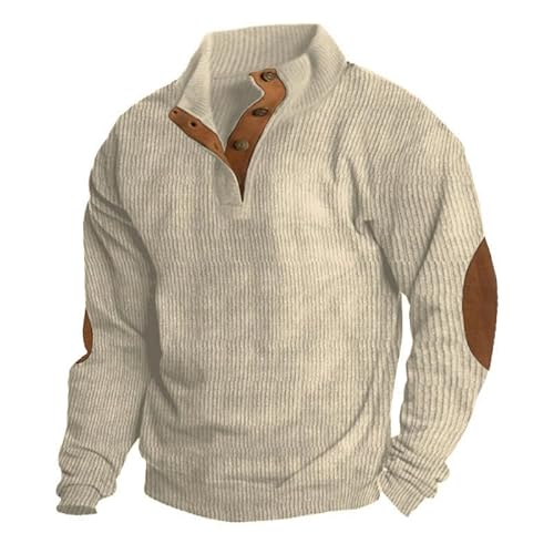 Sweatshirt Herren -Outdoor -Jacke Cord Casual Ständer Kragenknopf Langarm Pullover-Weiße Aprikose-2Xl von CHYDDU