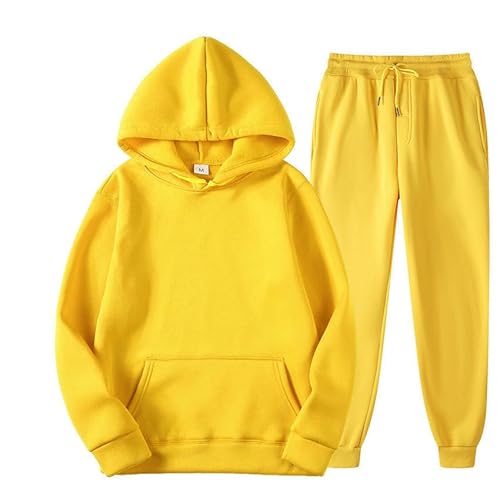 Sweatshirt Set Herren-Feste Farbe Plus Samt Mit Kapuze-Sweatshirt-Anzug Trendy Mode Casual Sports Zweiteiliger Anzug-Gelb-L von CHYDDU