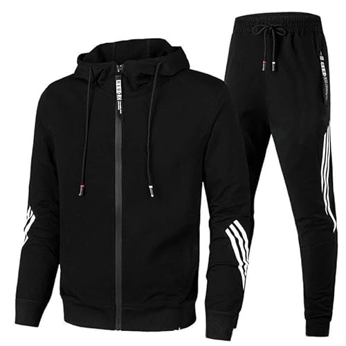 Sweatshirt Set Herren Lässiger Jogginganzug Mit Kapuze-Sweatshirt Sportswear Zweiteiliger Schlanker Slim Fit Casual Anzug-Schwarz-XL von CHYDDU