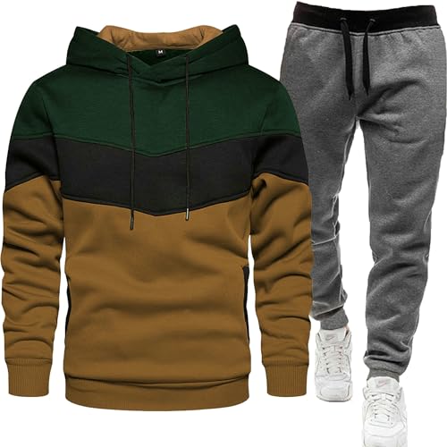 Sweatshirt Set Herren-Sportanzug Mode Fashion Casual Spleißen Mit Kapuze-Sweatshirt Hosen Zweiteilig-Armeegrün+Dunkelgraue Hosen-M von CHYDDU