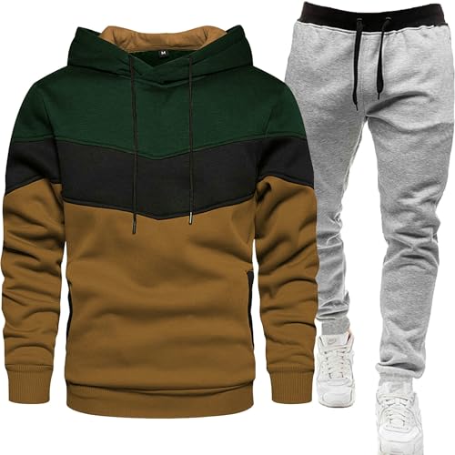 Sweatshirt Set Herren-Sportanzug Mode Fashion Casual Spleißen Mit Kapuze-Sweatshirt Hosen Zweiteilig-Armeegrün+Hellgraue Hosen-XXL von CHYDDU