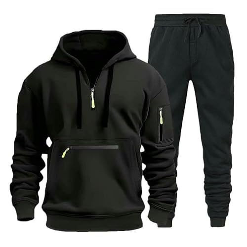 Sweatshirt Set Herren Sweatshirt Hoodie Set Reißverschluss Mehrfach Pocket Pullover Sport Casual Top Zweiteiliger Set-Schwarz-XXL von CHYDDU