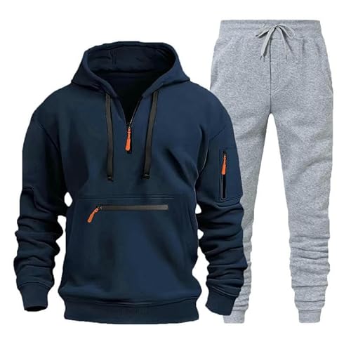 Sweatshirt Set Herren Sweatshirt Hoodie Set Reißverschluss Mehrfach Pocket Pullover Sport Casual Top Zweiteiliger Set-Tibetische Blau+Hellgraue Hosen-M von CHYDDU