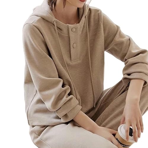 Sweatshirt Set Zweiteiler Hoodie Joggshose Casual Mody Women's Thin Button Pullover Losser Herbstanzug-Aprikose-M von CHYDDU