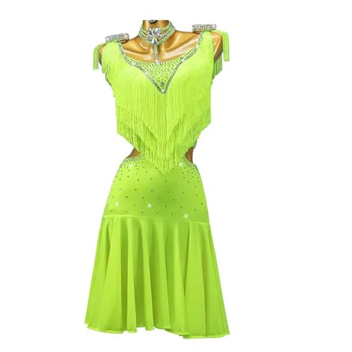 CJHYSMD Damen Salsa Latin Tanzkleid Mit Fransen Rundhals Cha Cha Kostüm Für Modernen Performance Tanz Rückenfrei Ballsaal Tanzkleidung Mit Strasssteinen,A,XXS von CJHYSMD