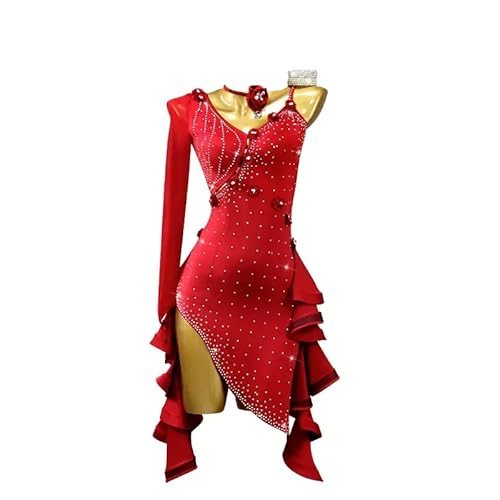 CJHYSMD Damen Salsa Latin Tanzkleid mit V-Ausschnitt Tango Ballsaal Tanzoutfit mit einem Ärmel hohler Cha Cha Wettbewerb Kostüme Moderne Tanzbekleidung mit Strasssteinen,WineRed,3XS von CJHYSMD