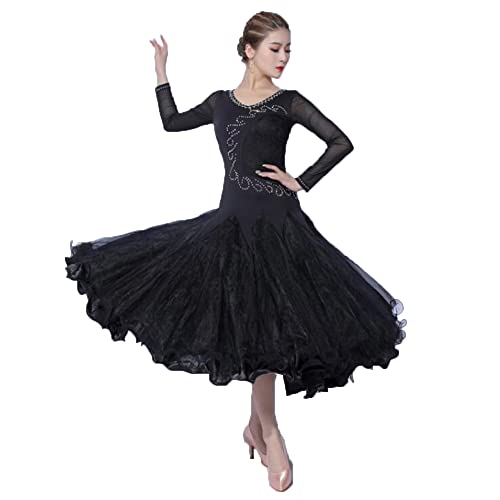 CJHYSMD Langärmeliges Walzer-Trainings-Outfit für Damen, Ballsaal, Tanzkleid, Flamenco-Kleid, Foxtrot Performance-Kostüme, Schwarz, XXL von CJHYSMD