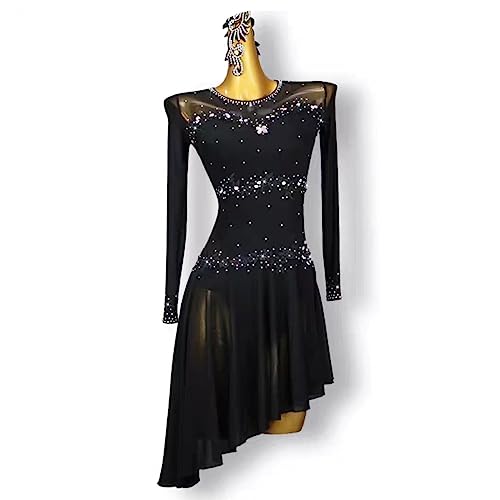 CJHYSMD Lateinisches Performance Kostüm Für Damen Mesh Salsa Cha Cha Trainings Tanzbekleidung Langarm Tango Ballsaal Tanzoutfit Rückenfreier Foxtrot Rock Mit Strass,B,3XS von CJHYSMD