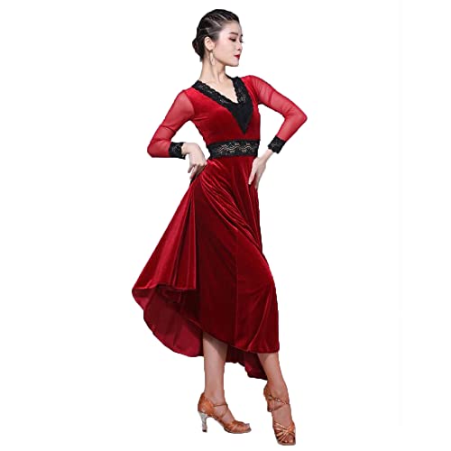 CJHYSMD Moderne Performance Kleider aus Spitze für Damen V-Ausschnitt Kleid für Gesellschaftstanz Wettbewerbe Tanzbekleidung für Walzer und Tango,Rot,XL von CJHYSMD