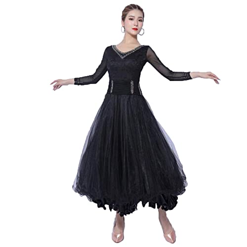 CJHYSMD Tango-Trainingstanzkleid mit V-Ausschnitt, Damen, Ballsaal, Tanzkleid, Spitze, Walzer, Performance-Kostüm, Latein-Übungskleid, Schwarz, Größe XL von CJHYSMD