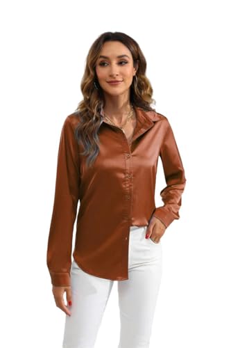 Bluse Mit Knöpfen Damen-Solid-Farb-Satin Sateen Langarmed Casual Tops Solid Color Office-Hemden Für Frauen-Dunkelbraun-XL von CLXLYU