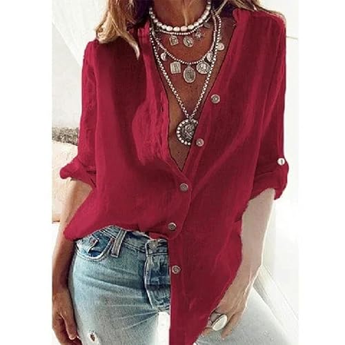 Bluse Mit Knöpfen Sommer-Frauen-Wäsche-Shirt Modes Mody Color Casual Lose Button V-Ausschnitt Langarm Top-Rot-4Xl von CLXLYU