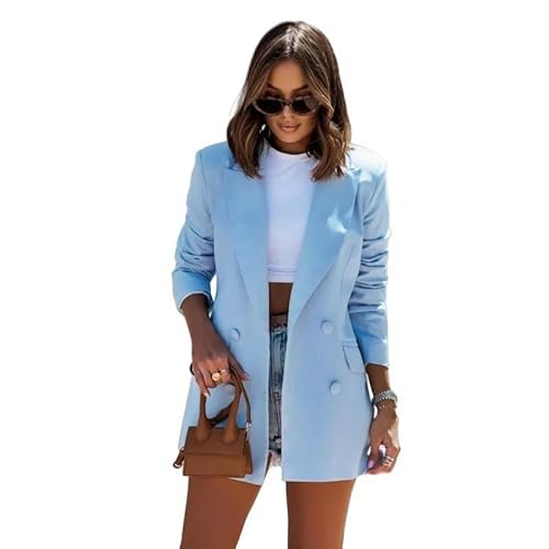 CLXLYU Damen Blazer Frau Freizeit Langarm Doppelbrustknöpfe Tasche Tasche Feste Farbe Frauenanzüge-Himmelblau-M von CLXLYU