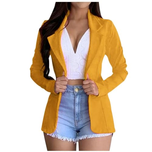 CLXLYU Damen Blazer Frauen Öffnen Fronttaschen Strickjacken Formeller Anzug Langarm Offene Vordertaschen Reversjacken-Gelb-XL von CLXLYU