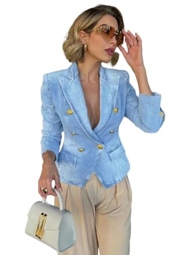 CLXLYU Damen Blazer Frauenkleidung Denim Jacke Anzug Doppelbrust Blazer Langarm Modejacken-SkyBlue-M von CLXLYU